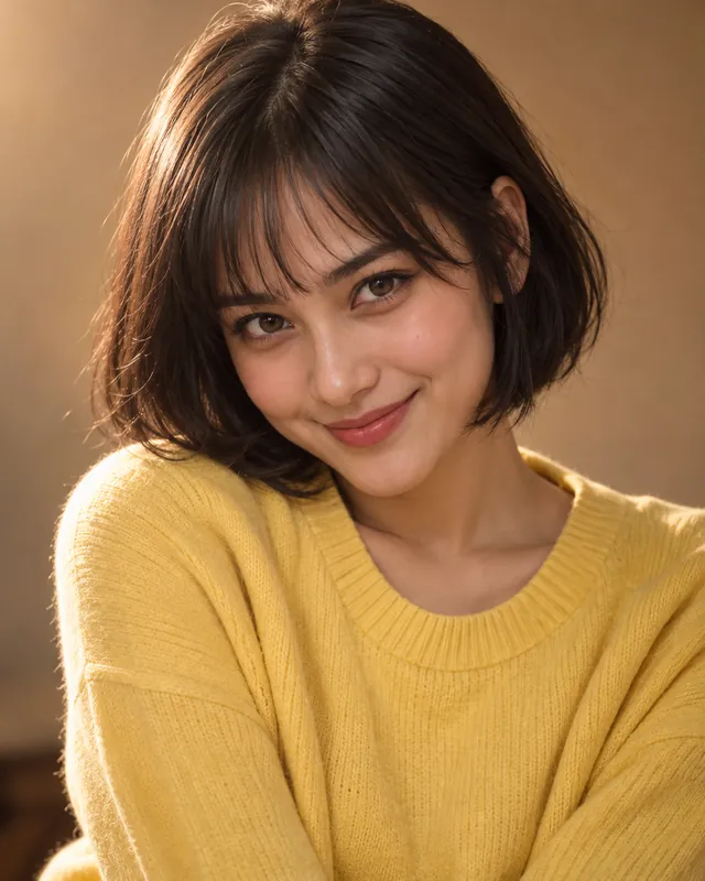 Rara, perempuan muda berambut bob dengan sweter kuning, tersenyum